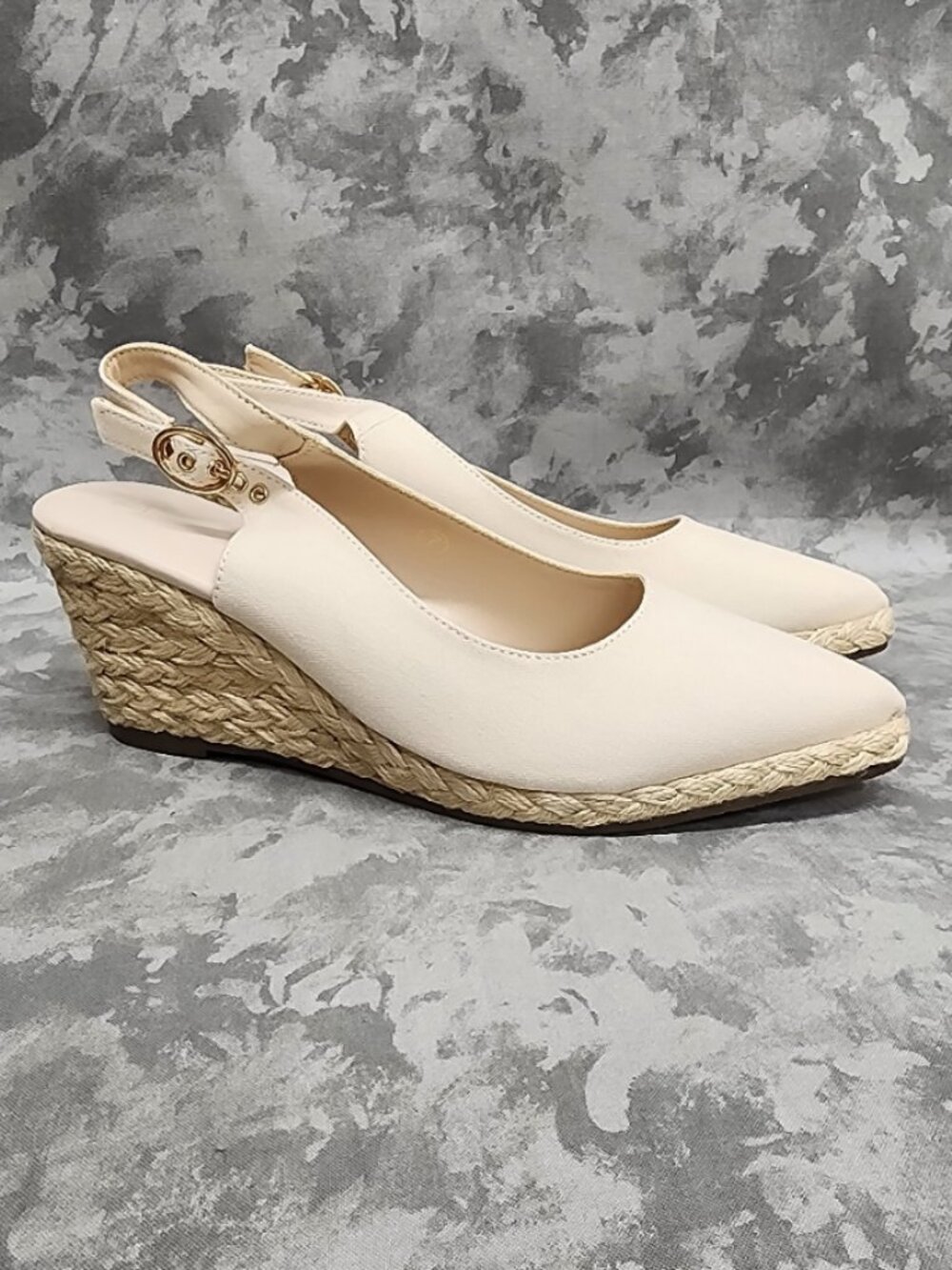 New Juliet Holy Wedge Slingback Espadrilles - Almond Toe - Cream - Size 7